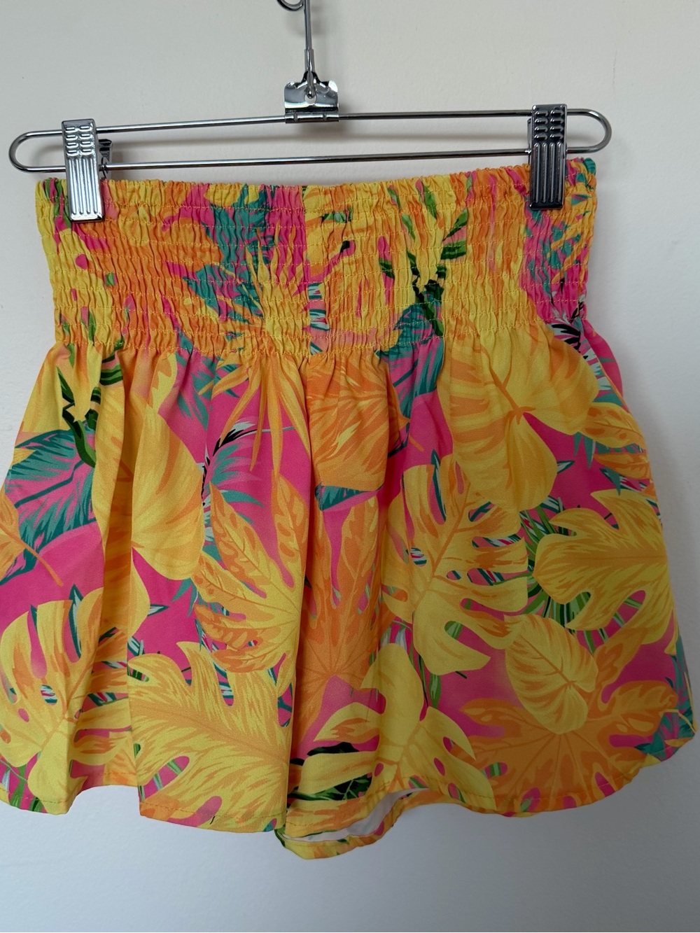 SHEIN Yellow & Pink Tropical Smocked Mini Skirt